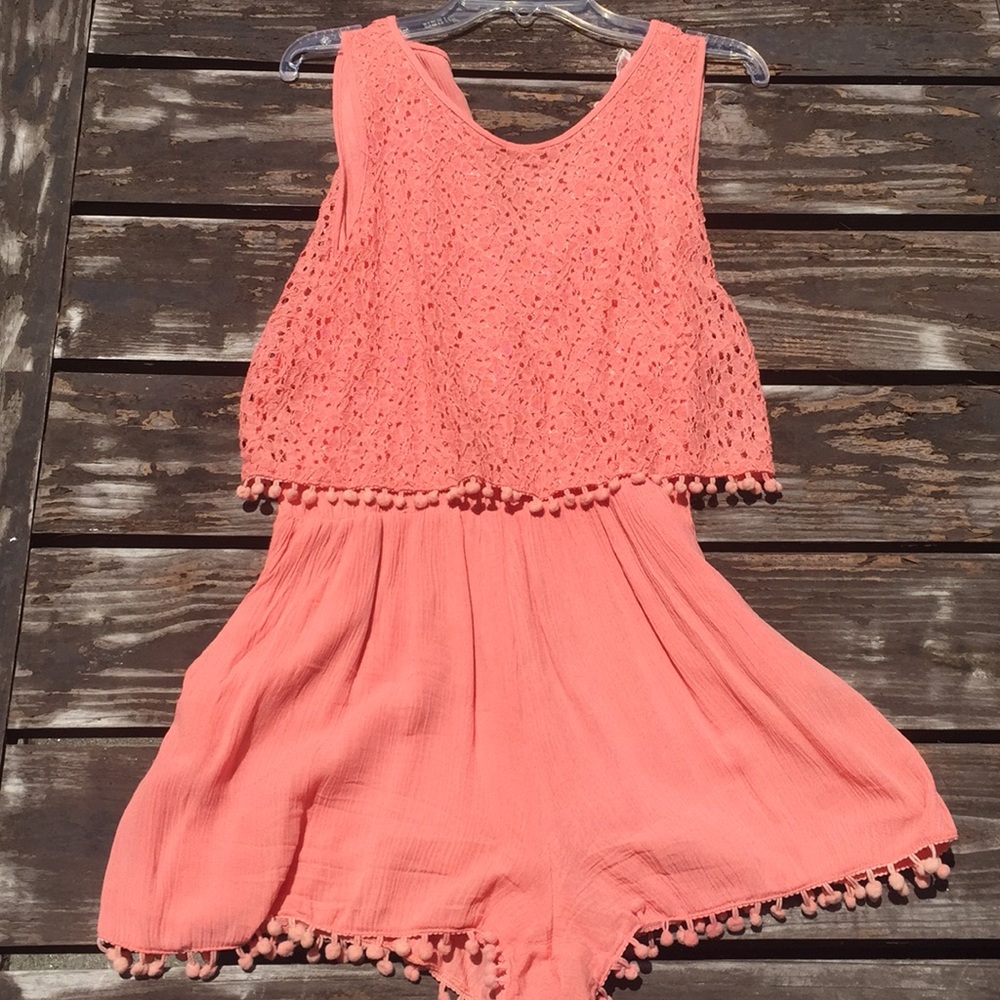 Lace romper with Pom Pom trim